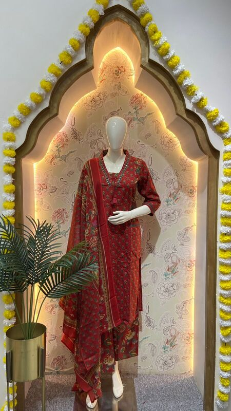 Rust Red Floral Kurti Set