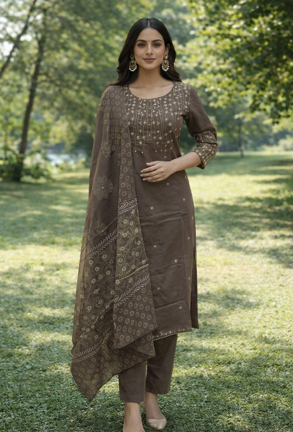 Vertical Floral Embroidery Cotton 3pc Set